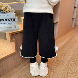 女童加绒裤子秋冬款2025新款儿童洋气冬季一体薄绒卫裤宝宝阔腿裤