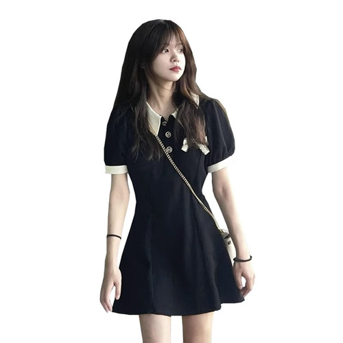 Elegant Polo Dress for Women - Summer, Petite Size, Color Blocking, Slimming, Casual, Hepburn Style, Black Cocktail Dress