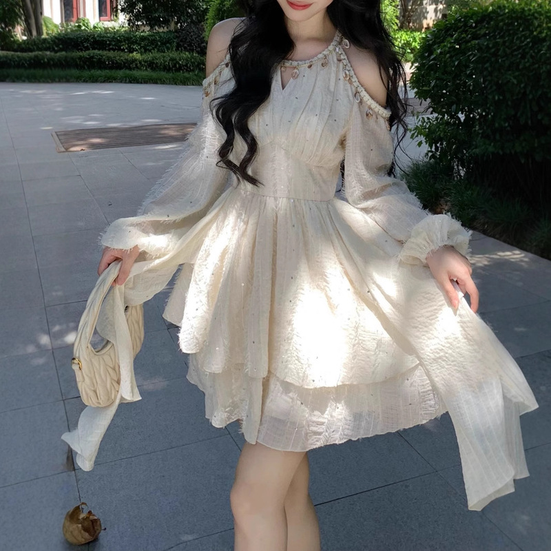 lovelan Spruce Poetry Shoulder Sequins Tight Waist Sweet Retro Elegant Long-sleeved dress Women's New Spring and Summer