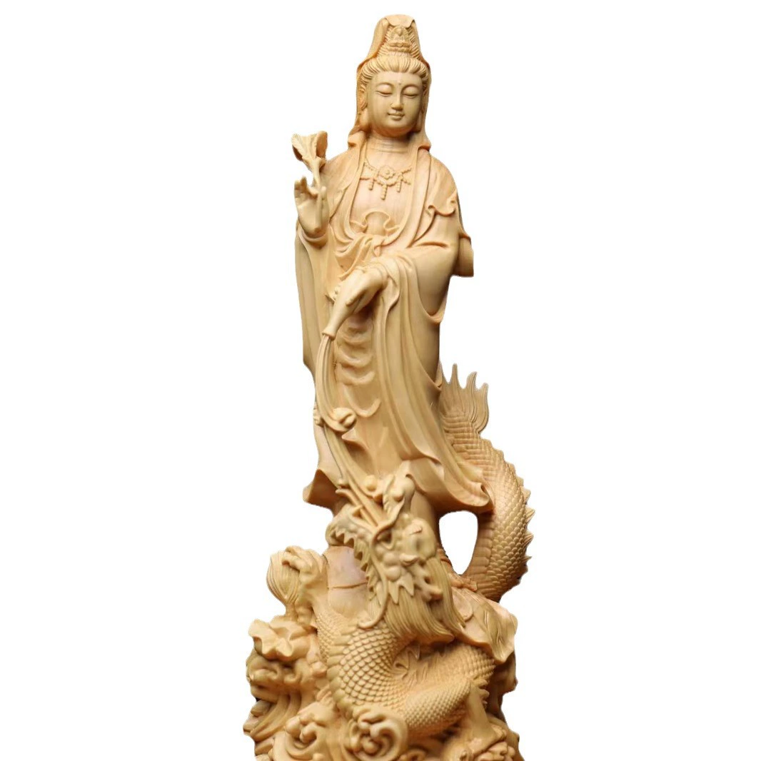 Authentic Chinese Boxwood Yew Wood Carving Dragon Guanyin Figurine, Solid Wood Ornamental Craft