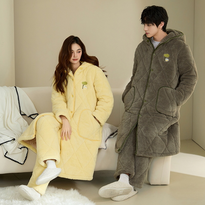 Super grueso chaqueta de algodón de tres capas, pijama de pareja de mujer, ropa de hogar de hombre, otoño y invierno, terciopelo de coral, calentamiento más grueso