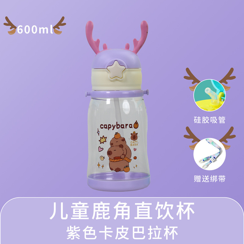 新款夏季网红卡通水杯儿童大容量鹿角塑料杯带挂绳学生外出吸管杯|undefined