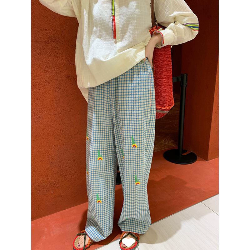 [Доставка] Чжан Чжан/Летний любимый красный кружевной хлопок и лен в горошек, самый простой для сочетания свободных брюк в клетку, окрашенных пряжей