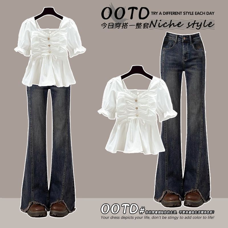 Fashionable Outfit # A Fitted Square-Neck Blouse That's Versatile Paired with Spring Vintage Frayed Hem Flared Jeans. Fashionable Outfit # A Fitted Square-Neck Blouse That's Versatile Paired with Spring Vintage Frayed Hem Flared Jeans.