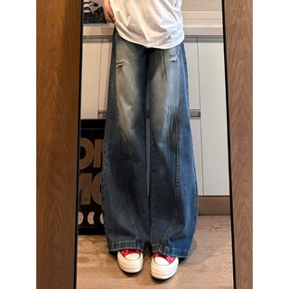 【跨境外贸专供】美式复古微喇牛仔裤子男高街宽松阔腿直筒休闲裤