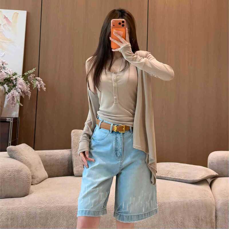 American-Style Streetwear Jeans with Distressed Lines, Trendy Summer Shorts, High-End Women's Wide-Leg Slimming Long Pants