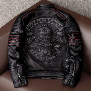 Embroidered Logo Clothing Pure First-Layer Cowhide Genuine Leather Jacket Men's Motorcycle Style Motorcycle Cycling Leather Jacket Trendy