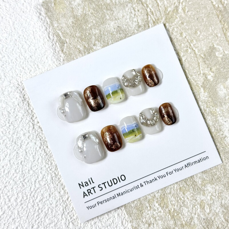 [Spring Letter] Morandi Oil Painting Baroque Style High-End Handmade Wearable Nails Short Square Round Manicure