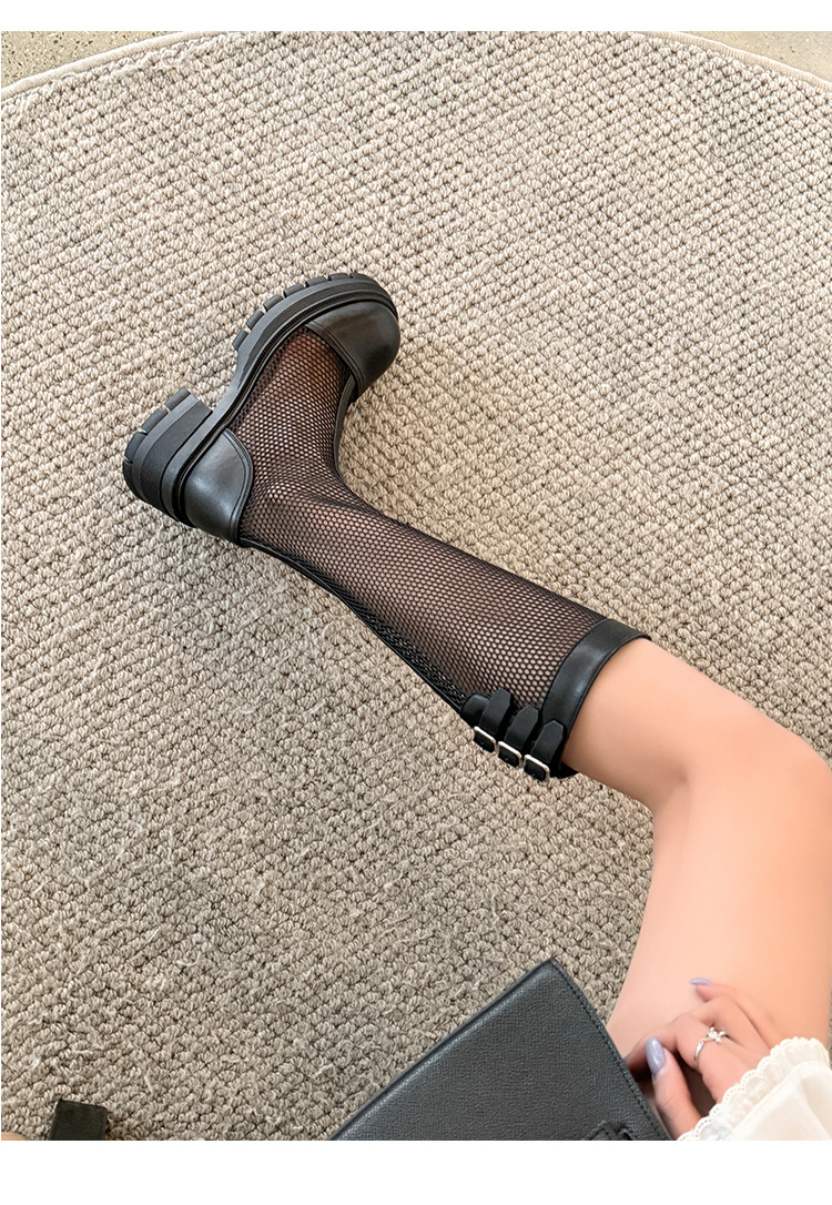 Boot nữ cổ cao ôm bắp chân chất liệu da thật, đế dày, phối lưới thoáng khí, khóa kéo bên hông — Ống rộng màu trắng kem, Ống rộng màu đen, Ống tiêu chuẩn màu trắng kem, Ống tiêu chuẩn màu đen chi tiết 14