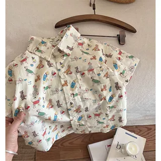 儿童衬衫2024夏款男女童小狗满印卡通衬衫宝宝休闲衬衣短袖潮