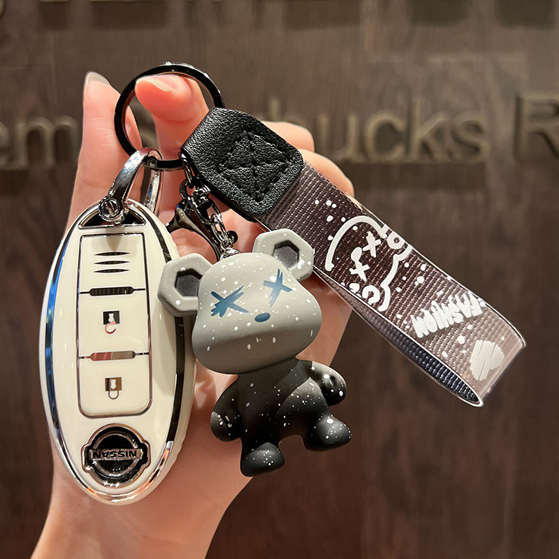 닛산 D-스마트 3 키 [싱글 쉘 화이트] + 회색 폭력 곰 펜던트