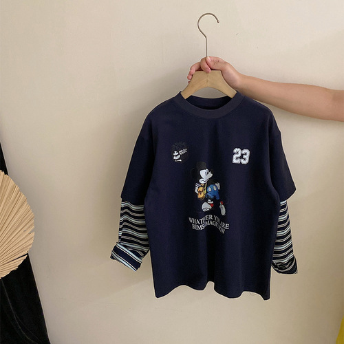 Korean-style girls' printed cartoon patchwork striped top 2025 solid color versatile ankle-cuffed casual sweatpants two-piece set trendy