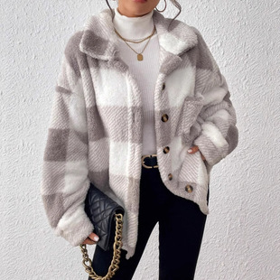 Cross-Border European and American Women's Clothing 2025 New Amazon Autumn and Winter Plaid Cashmere Jacket with Pockets and Buttons Plush