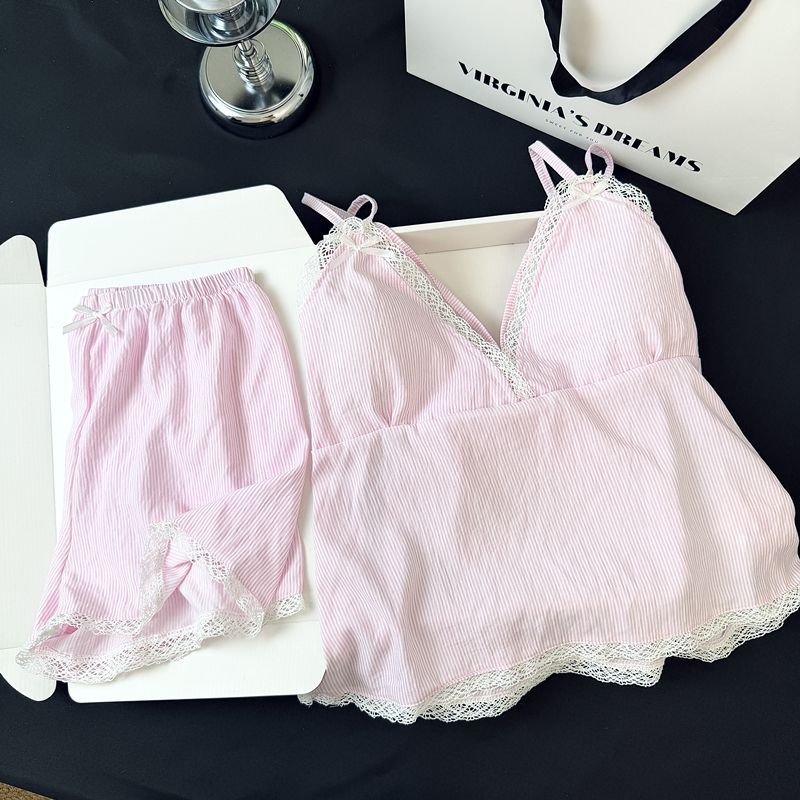 Pantalones cortos con cojín de pecho al por mayor transfronterizo pijamas de verano nuevas nubes de algodón de encaje a rayas set de ropa para el hogar