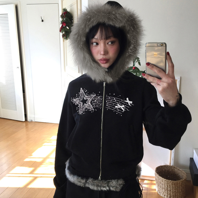 Retro Five Pointed Star Element Printing Fur Collar Coat Slim Pocket Stitching Double Headed Zipper Autumn Winter Sweatshirt