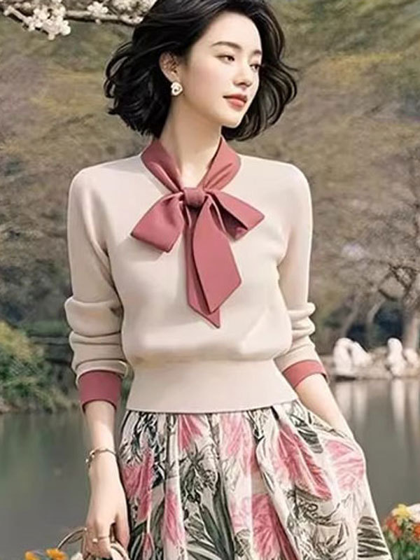 小个子气质显瘦高级感系带针织碎花开衫半身裙2025新款套装女|undefined