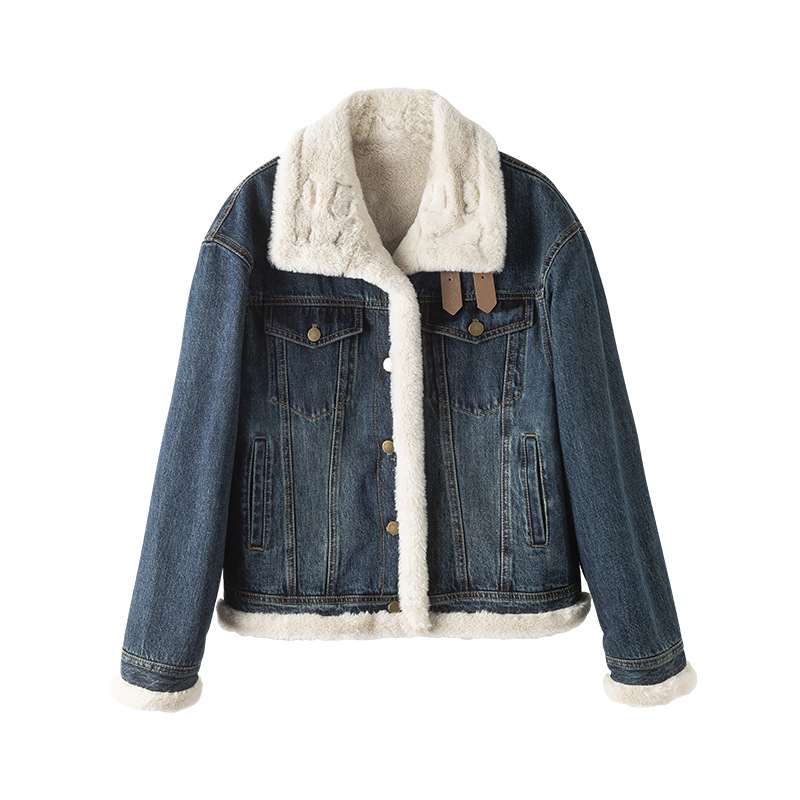 Áo khoác denim nữ phong cách Hàn Quốc, dáng suông, có lớp lót nhung dày giữ ấm — Màu xanh lam (ấm chống lạnh cộng với nhung dày)