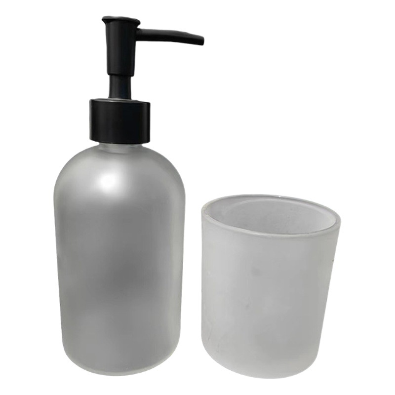 Push-tipo esmerilado de gran capacidad Hotel B & B desinfectante de manos de vidrio sub-botella enjuague bucal taza de baño nórdico conjunto de dos piezas