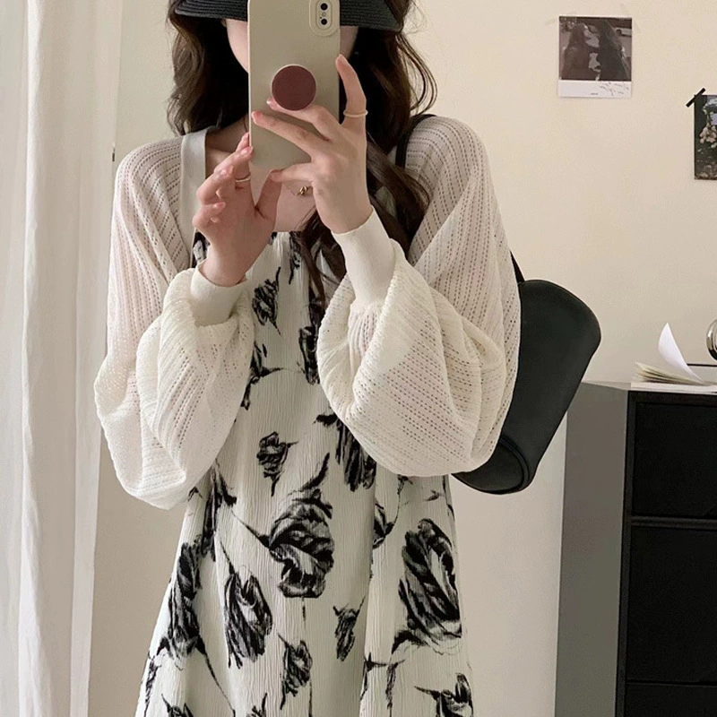 Летняя юбка с полой шалью, короткая верхняя блузка на бретелях, женская блузка из ледяного шелка, вязаный солнцезащитный кардиган, тонкий