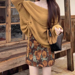 复古美拉德一字肩长袖针织衫碎花半身裙短裙女2025秋季新款两件套