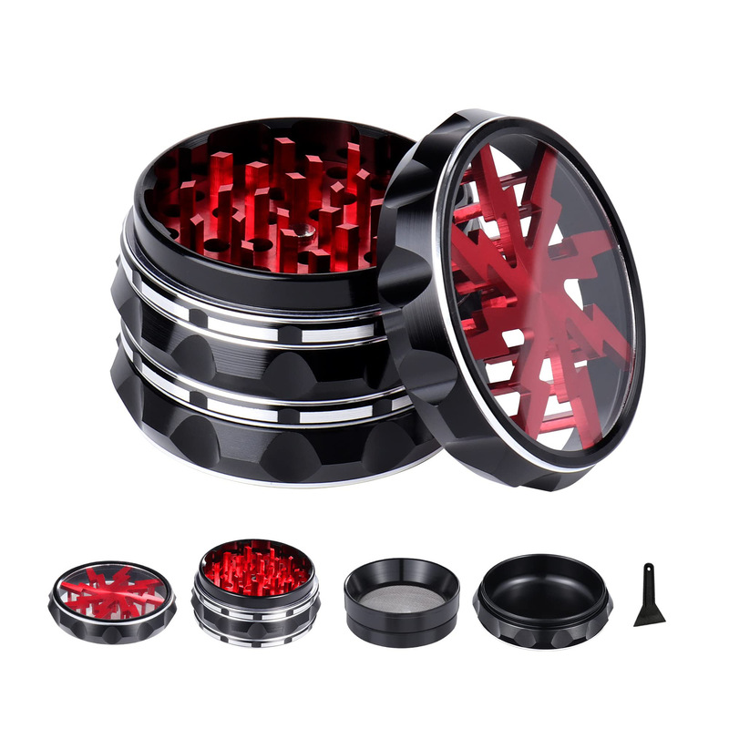 Internal Tooth Lightning Smoke Grinder 63mm Four-Layer Transparent Upper Cover Stripesd Zinc Alloy Metal Grinder Grinder