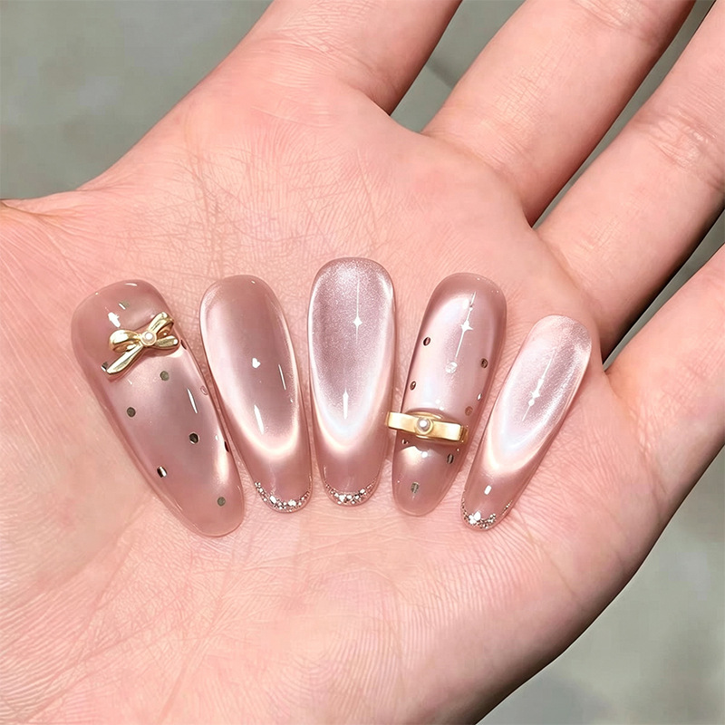 Long handmade wearable nails with a pure and desirable aura, cat-eye bowknot manicure, wearable nail stickers, high-end fake nails