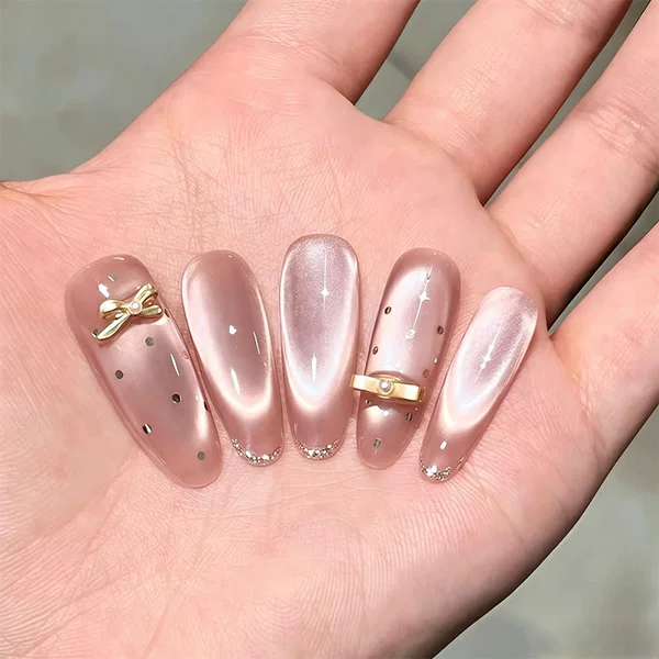 Long handmade wearable nails with a pure and desirable aura, cat-eye bowknot manicure, wearable nail stickers, high-end fake nails