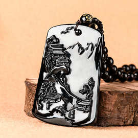 天然a货翡翠墨翠山水牌玉石吊坠挂件玉佩男士项链女款玉佩批发