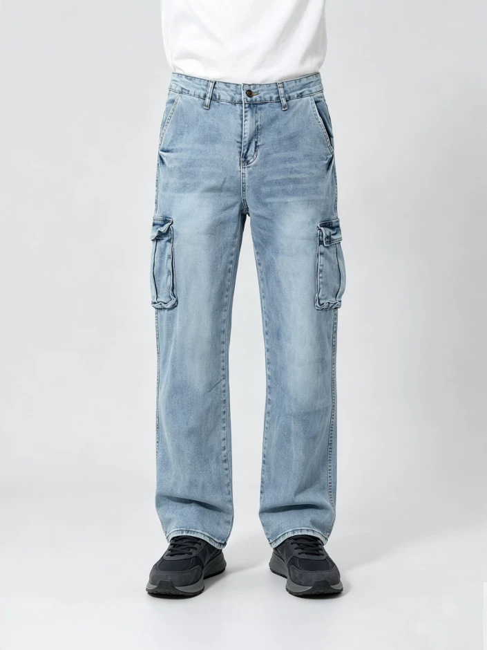 Jeans Cargo Rectos para Hombre de Mezclilla de Algodón, Múltiples Bolsillos, para Uso Casual
