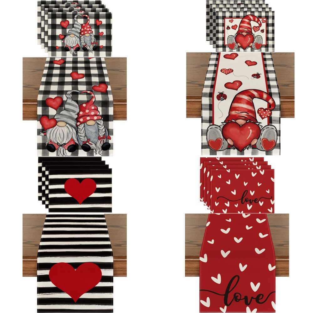 Juego de mantel individual y camino de mesa transfronterizo con estampado de corazones, mantel, tapete aislante térmico, decoración para ambiente festivo, tira larga nórdica para mesa de centro. image 1