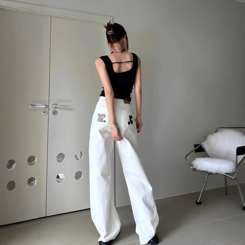 Jennie's Same Korean Authentic Restandrecreation Straight-Leg Loose Slightly Flared R Printed Jeans for Women