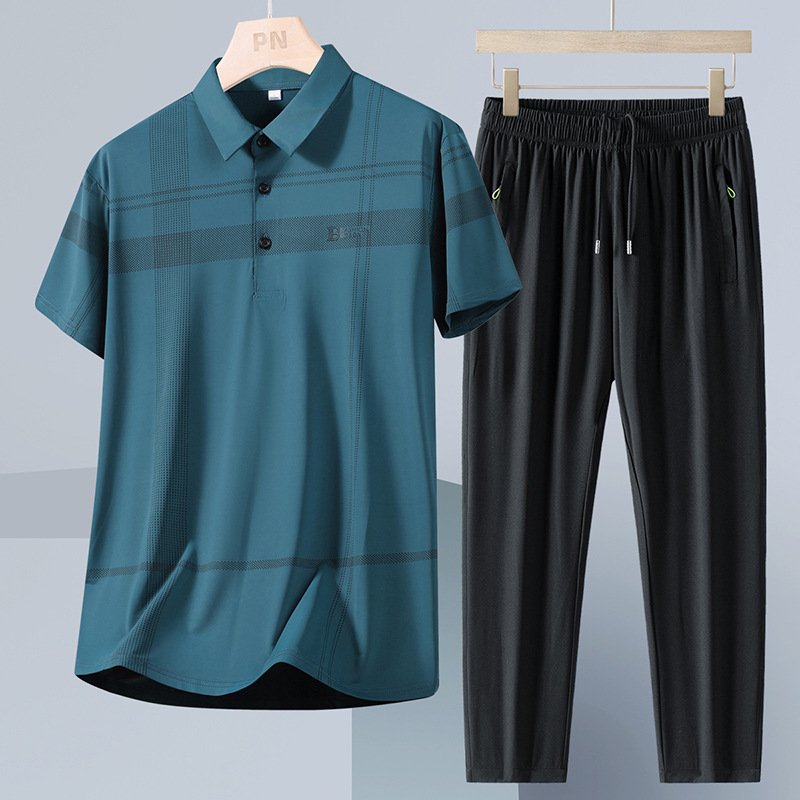 Papá con set de verano de dos piezas para hombre hielo delgado de manga corta suelta set casual de mediana edad pantalones secos rápidos