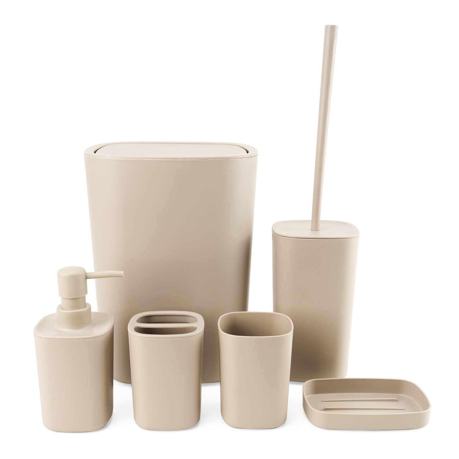 Suministros de baño de plástico cuadrado Juego de seis piezas de enjuague bucal, estante para cepillado, caja de jabón, almacenamiento de baño, juego de baño, cepillo de baño