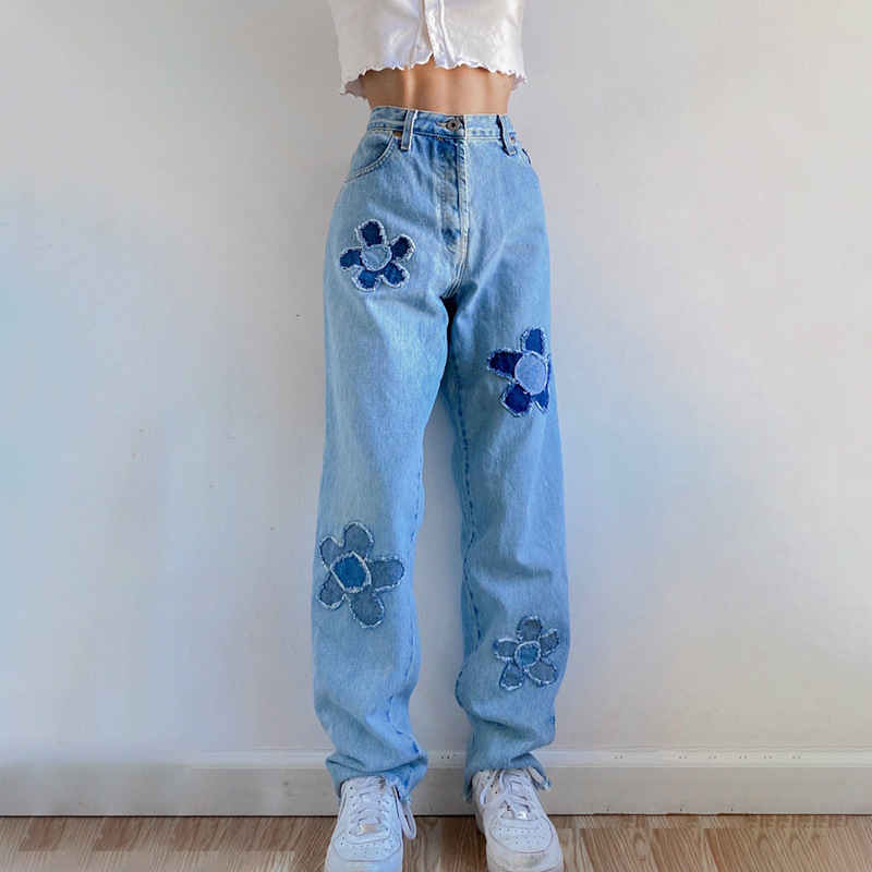 flower pattern stitching contrast color high-waist straight-leg pants Nihaostyles wholesale clothing vendor NSSSN75380