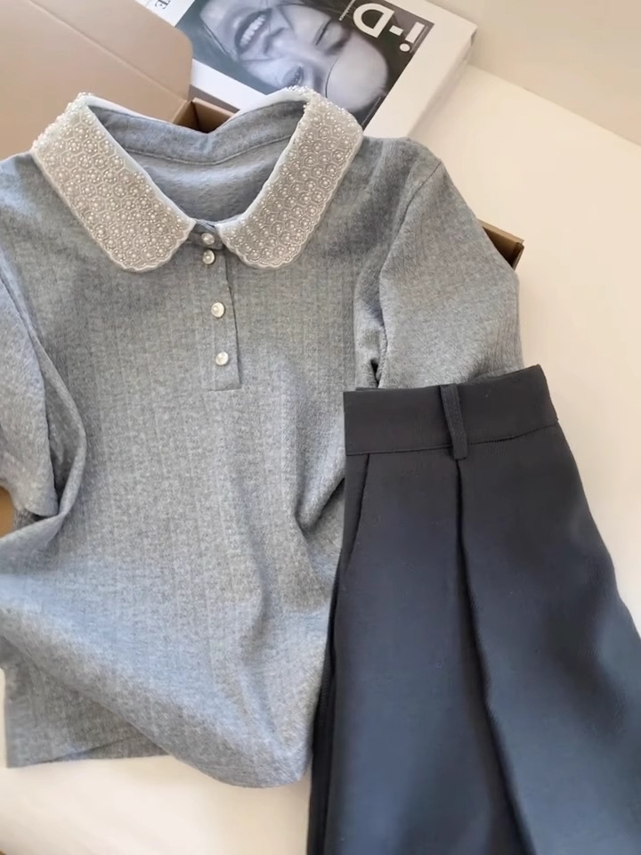 Áo thun nữ cổ polo tay ngắn dáng rộng mùa hè — Màu xám chi tiết 2