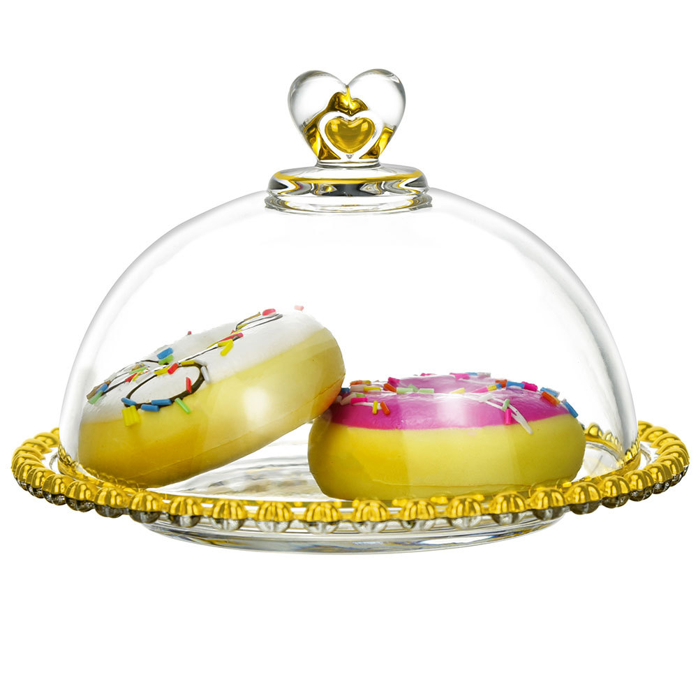 爱心玻璃甜品盘子 欧式描金带盖托盘家用水果盘 高颜值轻奢玻璃罐