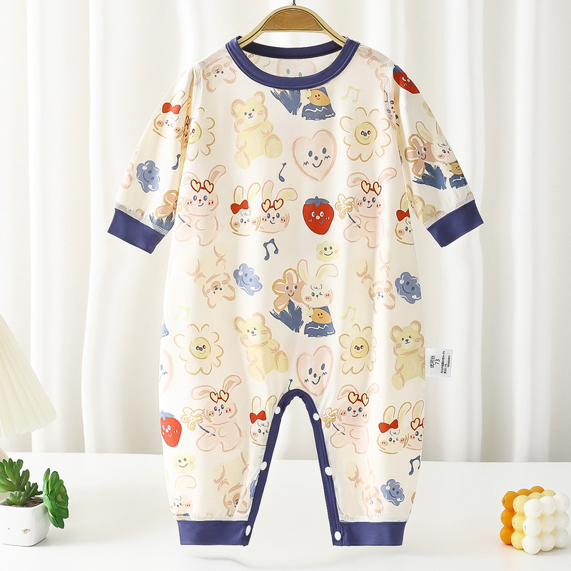 Infant and Toddler Air-Conditioned Clothing, Summer Thin Lyocell Long-Sleeve Seamless Romper, Cartoon Jumpsuit for Boys and Girls Infant and Toddler Air-Conditioned Clothing, Summer Thin Lyocell Long-Sleeve Seamless Romper, Cartoon Jumpsuit for Boys and Girls