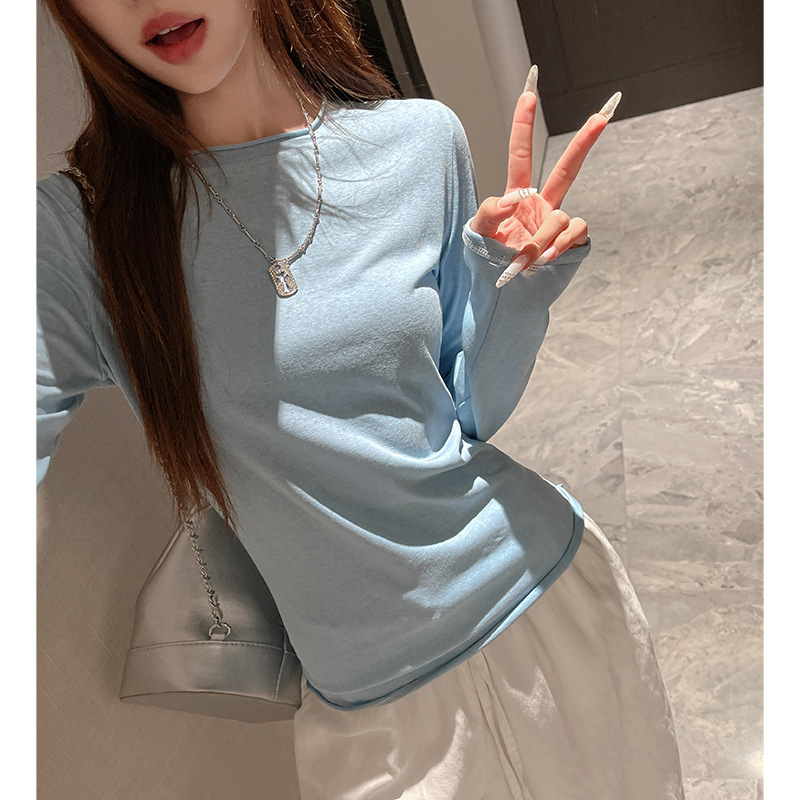 Carefully Selected New Rolled-Up Long-Sleeved Inner Tops for Women in Early Autumn with Round Neck Design and Right Shoulder Korean Style Versatile Western Style T-Shirts