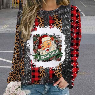2023 cross-border women's clothing Christmas New Santa Claus retro digital printing Amazon wish long-sleeved sweater