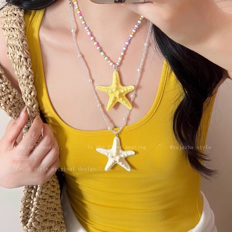 Dopamine Long Beaded Starfish Necklace for Women 2025 New Summer Seaside Vacation Style Exaggerated Clavicle Chain Accessories