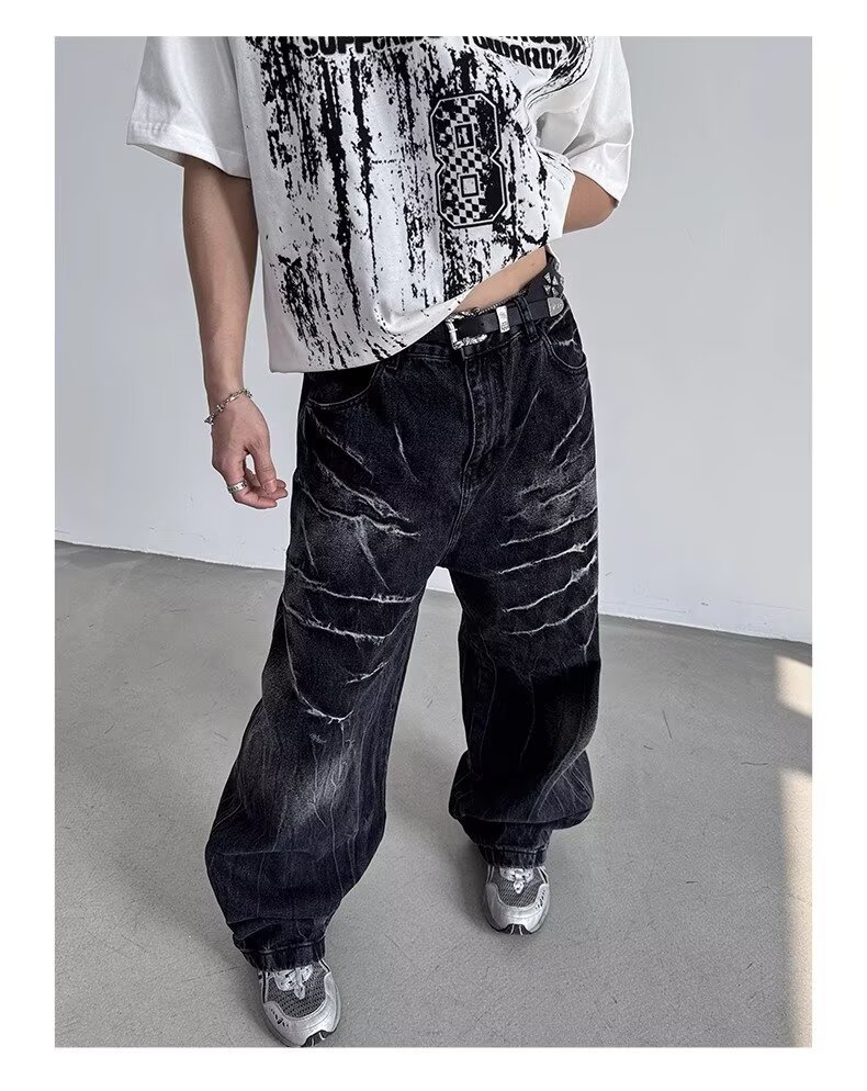 American Style Rivet Lightning Denim Jeans For Men And Women, Wide-Legged Distressed Wash Vintage Drop-Crotch Trousers, Trendy Streetwear Design_mkmklike.com