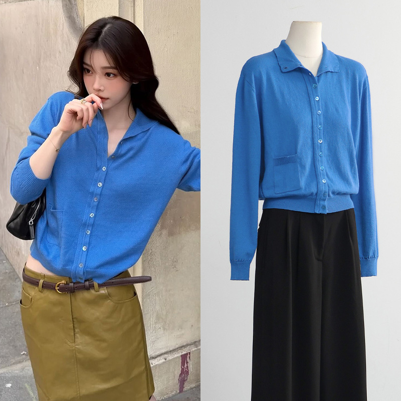 [in Production] Nana Style Wool Blend Blue Waist-Cinching Knit Top with Hollow-Out Design, High-Neck Long-Sleeve Sweater for Women