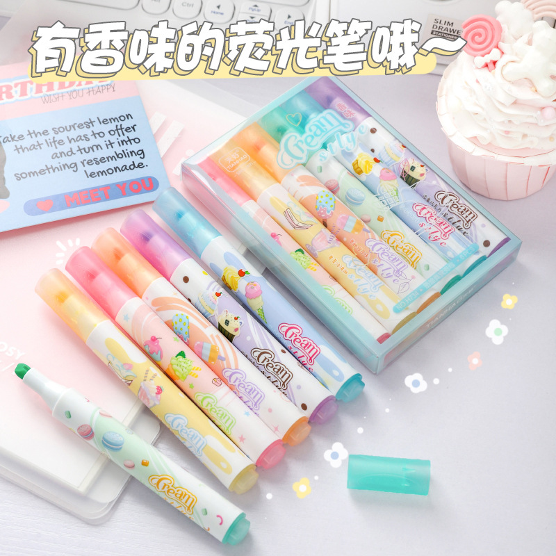 跨境奶油風熒光筆護眼溫暖色系手賬筆高色准顏色正速干香味記號筆