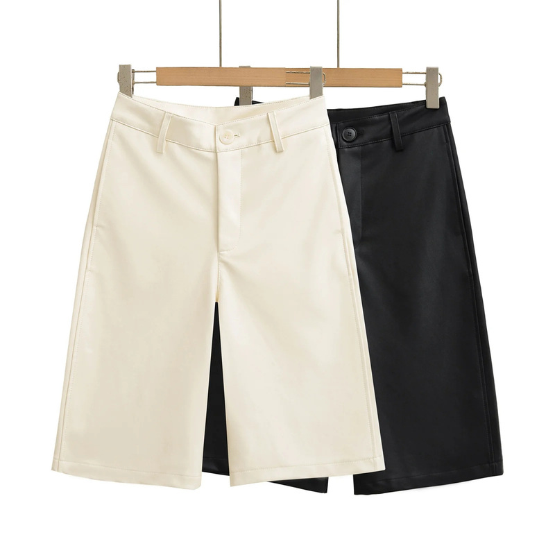 Casual Style Retro High-Waisted Black Pu Leather Five-Point Pants for Women Autum 2025 New Versatile Straight Shorts Casual Pants Casual Style Retro High-Waisted Black Pu Leather Five-Point Pants for Women Autum 2025 New Versatile Straight Shorts Casual Pants