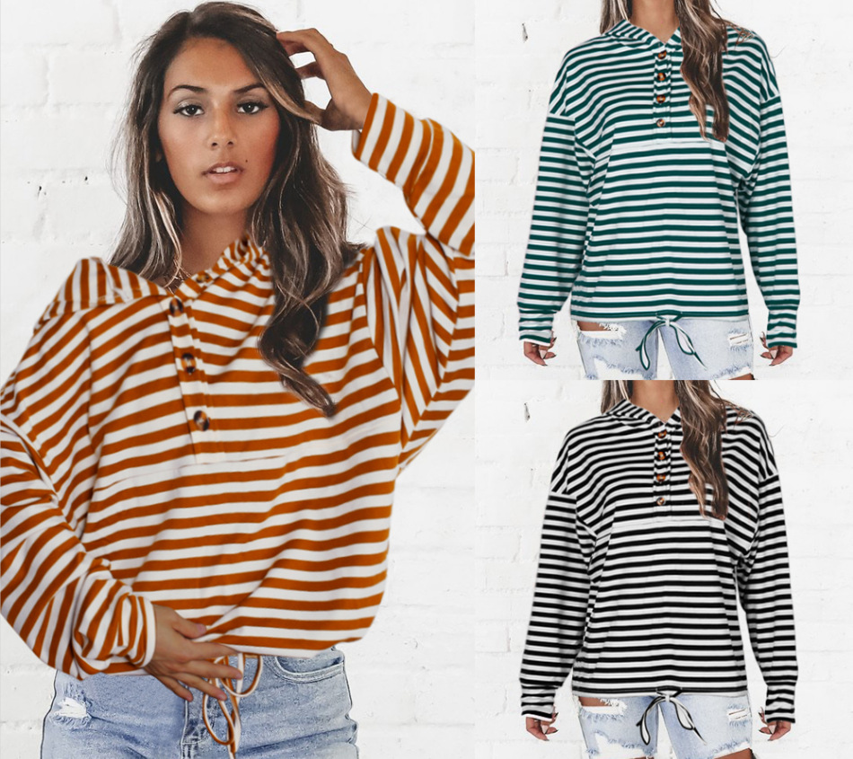 Women's Hoodie Long Sleeve Hoodies & Sweatshirts Button Casual Stripe display picture 1