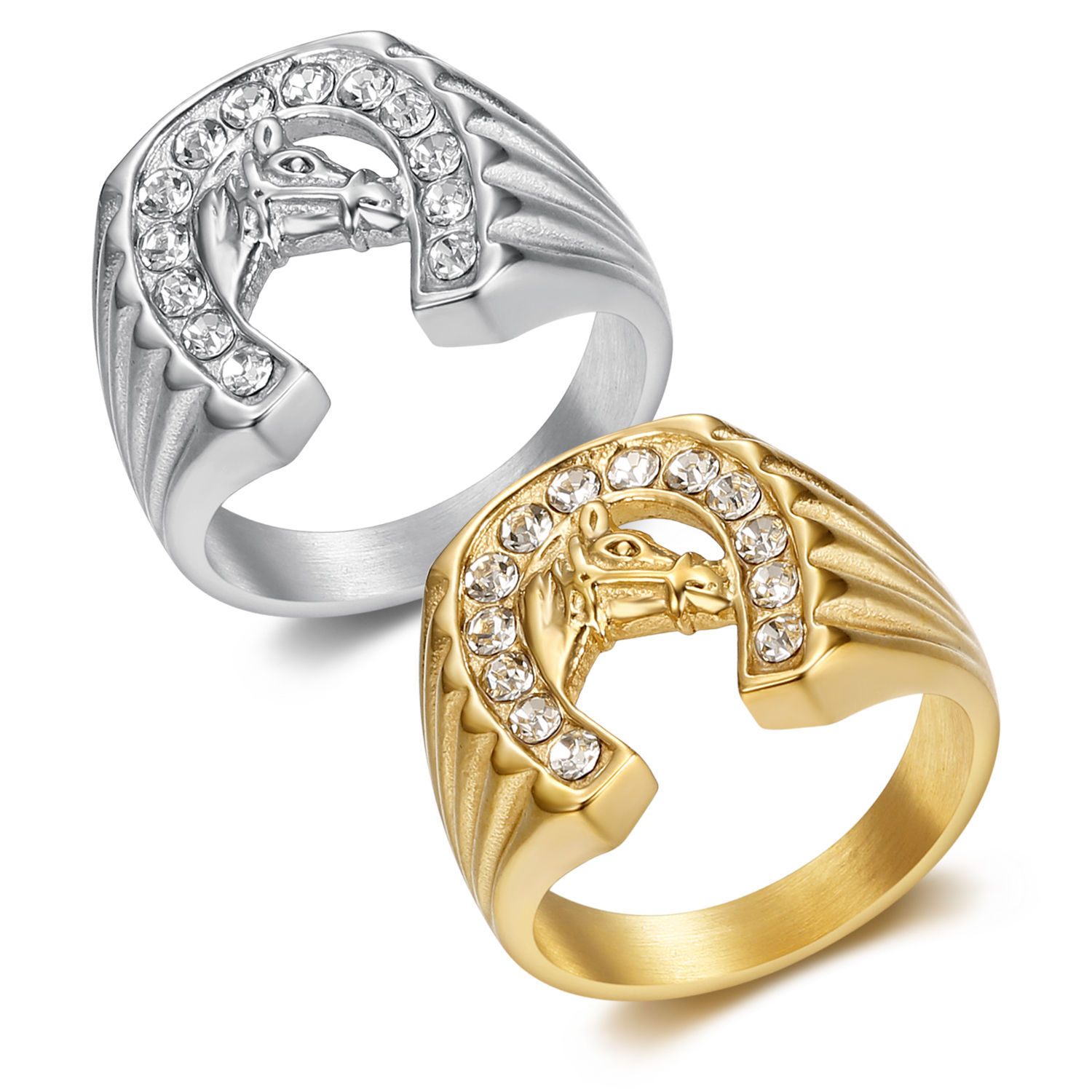 18K Gold Plated Plating Material Rhinestones Inlay Material Hip-Hop Horse Titanium Steel Plating Inlay Rhinestones 18K Gold Plated Men's Rings