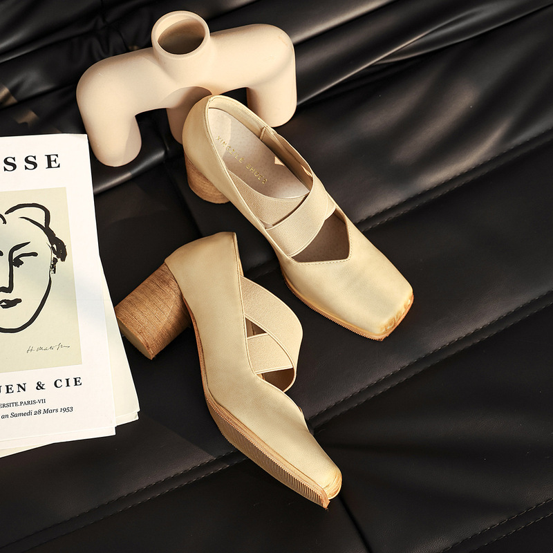 7cm ballet shoes high heel leather single-layer shoes retro French style pig nose chunky heel cross strap Mary Jane shoes for women