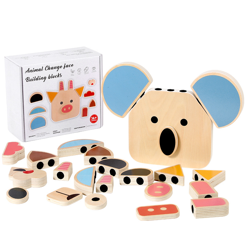 Creativo animal de madera para niños, velcro, cambio de cara, rompecabezas, juguetes, educación temprana para bebés, rompecabezas de bloques de construcción de inteligencia cognitiva y beneficiosa