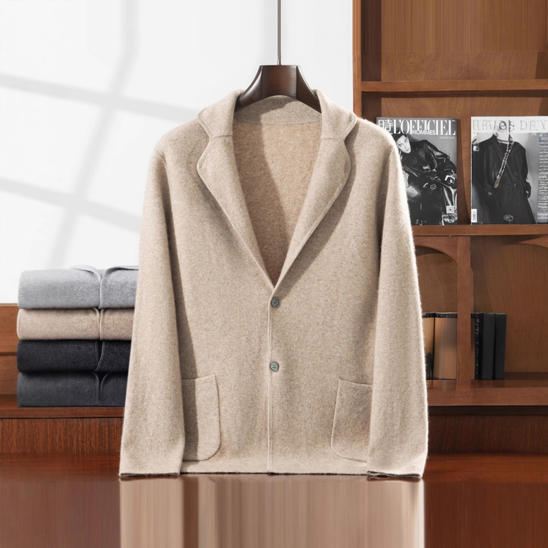 Autumn and Winter Men's Cashmere Air Layer Thickened Jacket Knitwear with Suit Collar, Long Sleeves, Versatile, Comfortable, Skin-Friendly, Casual Autumn and Winter Men's Cashmere Air Layer Thickened Jacket Knitwear with Suit Collar, Long Sleeves, Versatile, Comfortable, Skin-Friendly, Casual