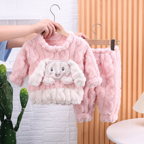 0-5 years old children's pajamas two-piece set winter cute girls thickened flannel warm cotton jacket home clothes set